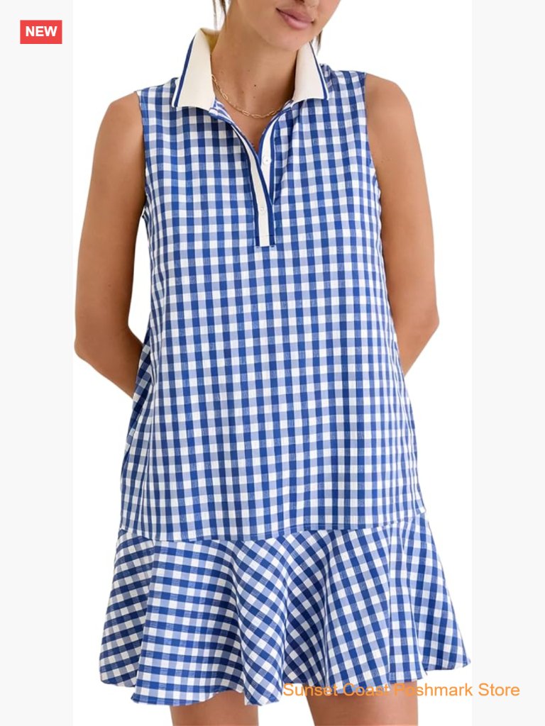 Women's Gingham Polo Dress V Neck Sleeveless Ruffled Hem Mini Dress Plaid
